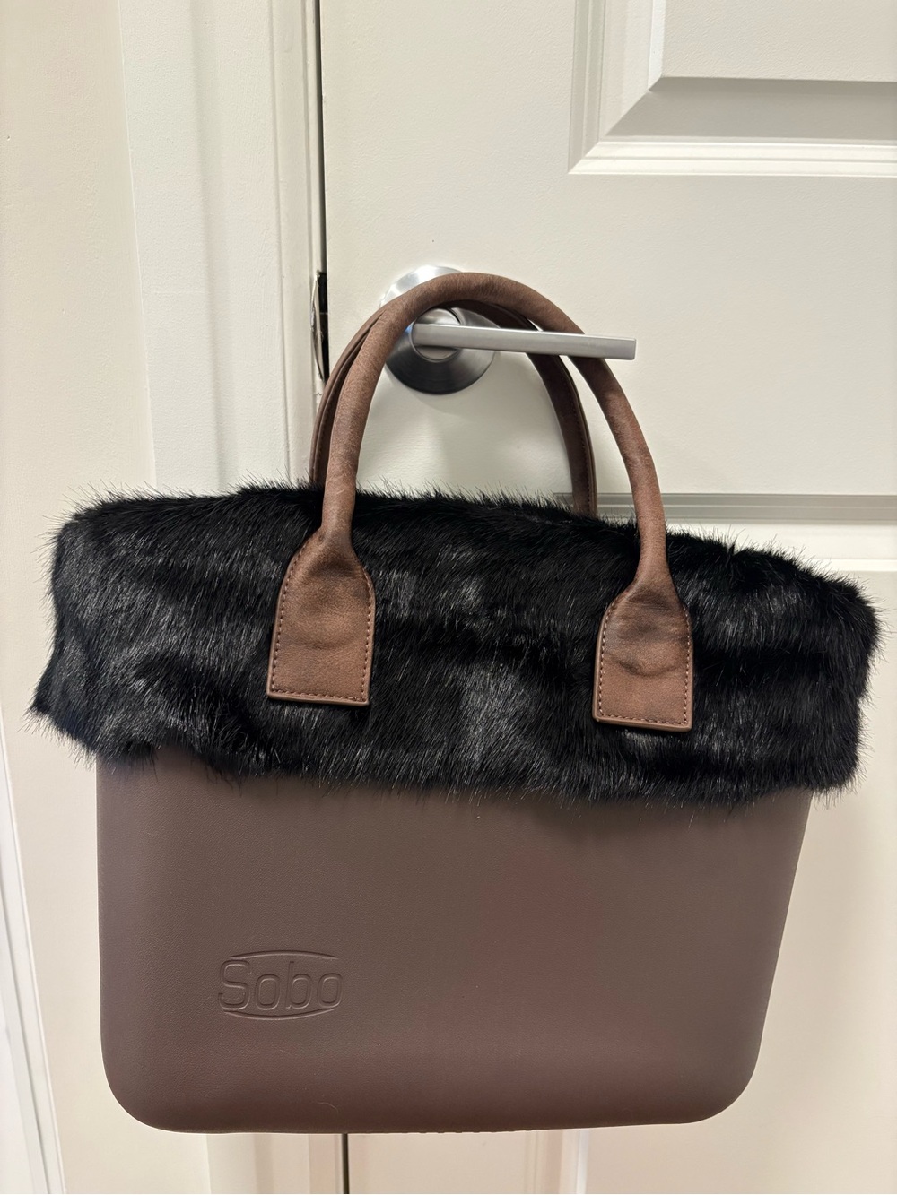 Black Faux Fur Trim Brown Tote Bag